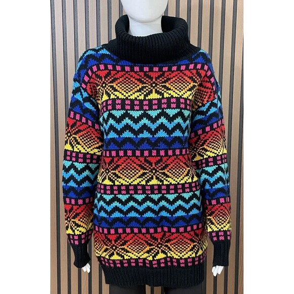 Ricki Sweaters - Ricki Women's L Red Sweater Vintage Turtleneck Fair Isle Rainbow Aztec Boho